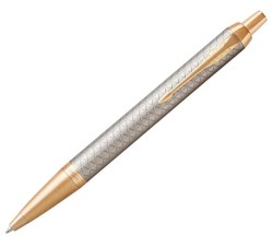 Długopis PARKER IM Premium Warm Grey / Silver GT - jasnoszary grawerowany ze złotymi wykończeniami