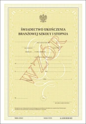 MEiN-I/25/2 Świadectwo ukończenia branżowej szkoły I stopnia z zabezpieczeniami (papier specjalny, UV, numeracja)
