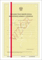 MEiN-I/26-w/2 Świadectwo ukończenia z wyróżnieniem branżowej szkoły I stopnia z zabezpieczeniami (papier specjalny, UV, numeracja)