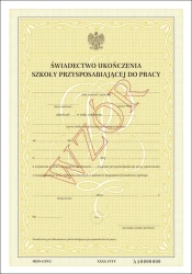 MEiN-I/29/2 Świadectwo ukończenia szkoły specjalnej przysposabiającej do pracy z zabezpieczeniami (papier specjalny, UV, numeracja)