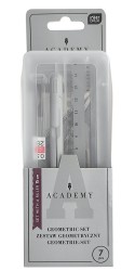 Zestaw geometryczny Interdruk Academy - kątomierz, 2 ekierki, linijka 15cm, cyrkiel, grafity do cyrkla, gumka do mazania