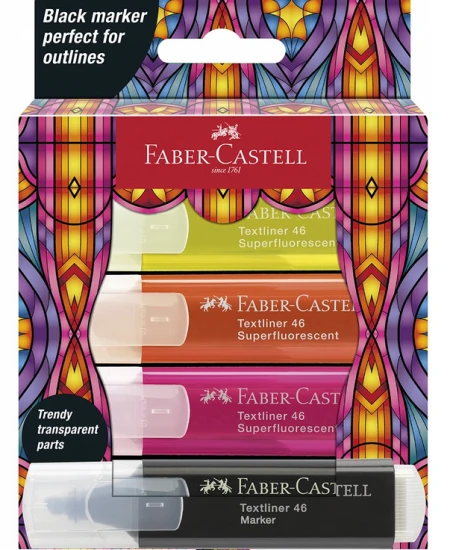 zakreślacze faber castell 254693 4 kolory 3 neonowe plus czarny.PNG