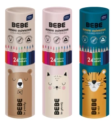 Kredki ołówkowe trójkątne Interdruk BEBE Friends w tubie - 24 kolory - różne wzory opakowań