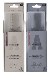 Zestaw geometryczny w zamykanym etui Interdruk Academy - kątomierz, 2 ekierki, linijka 20cm